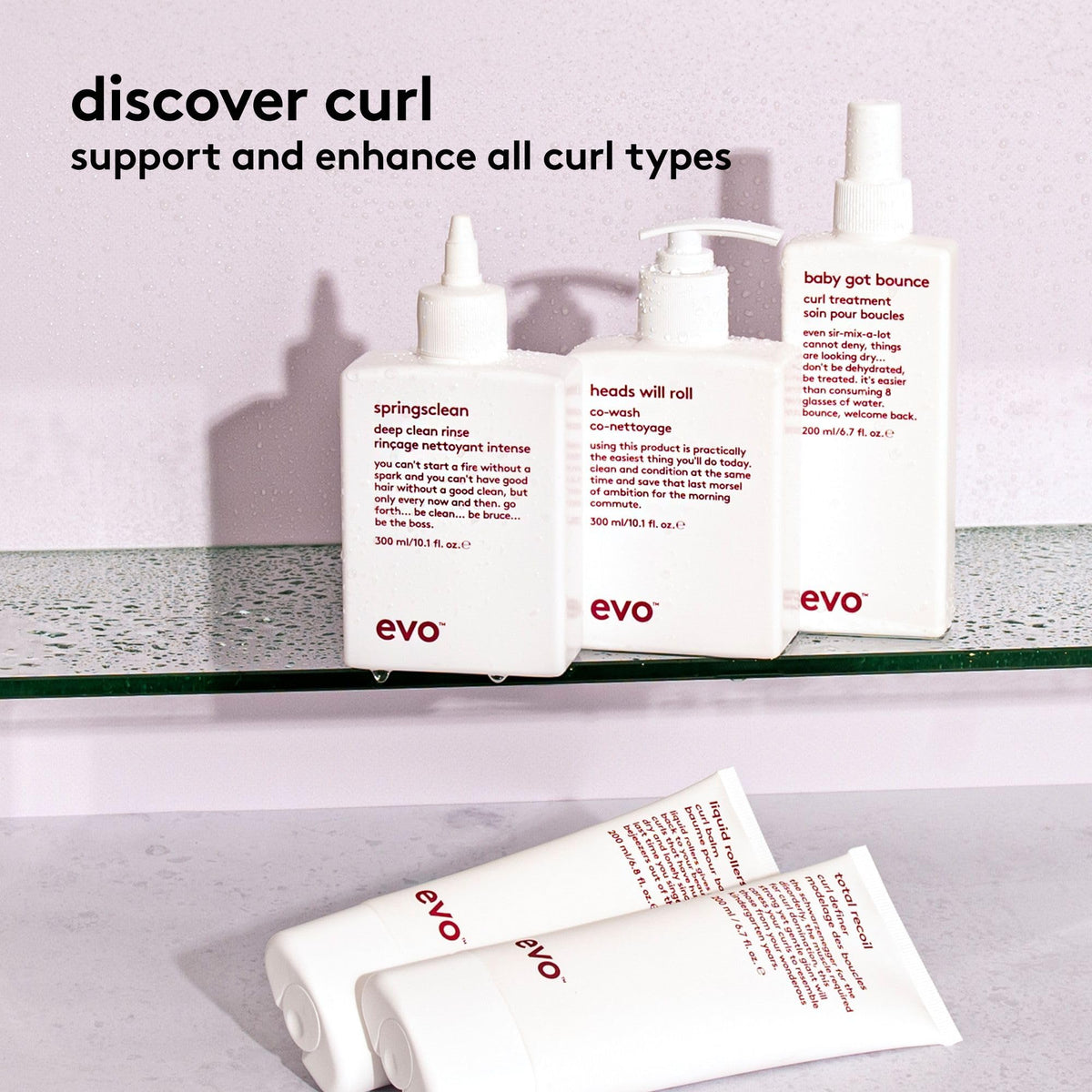 EVO size comparison beside hand, 6.7fl.oz scale and travel-friendly benefit