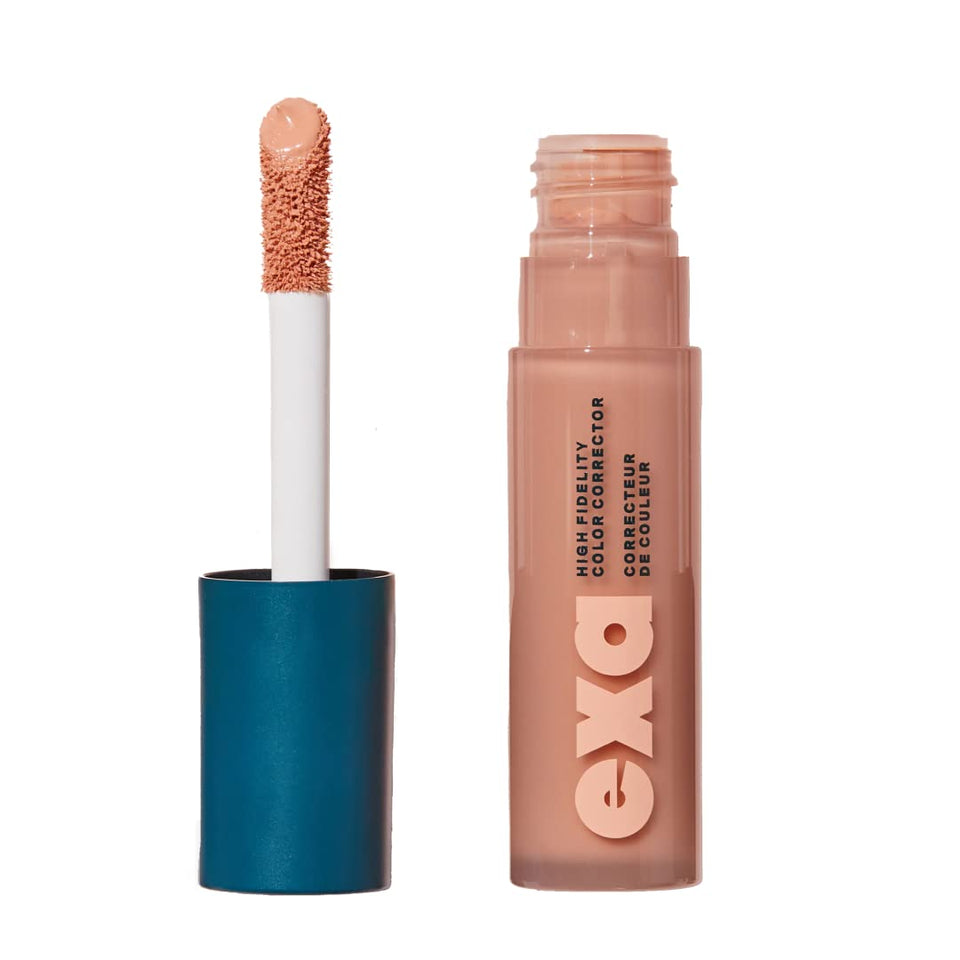 EXA front packaging showing peach corrector and compact bottle for easy application and portability