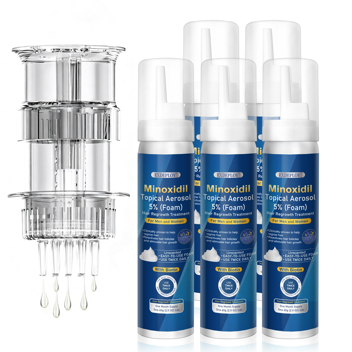 Exdeploy front packaging showing brand and 5% minoxidil benefits