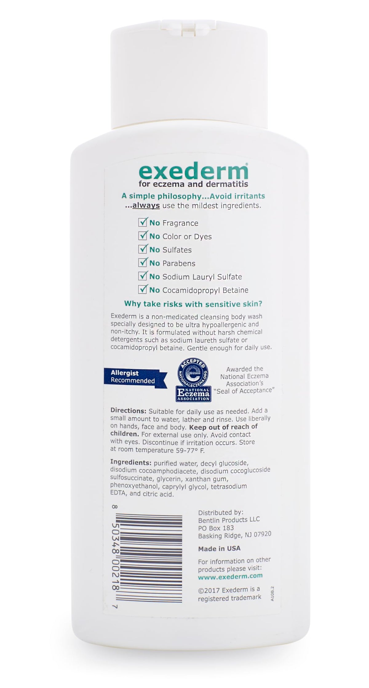 Exederm bottle on bathroom shelf illustrating daily routine compatibility