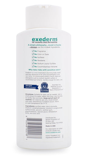 Exederm bottle on bathroom shelf illustrating daily routine compatibility