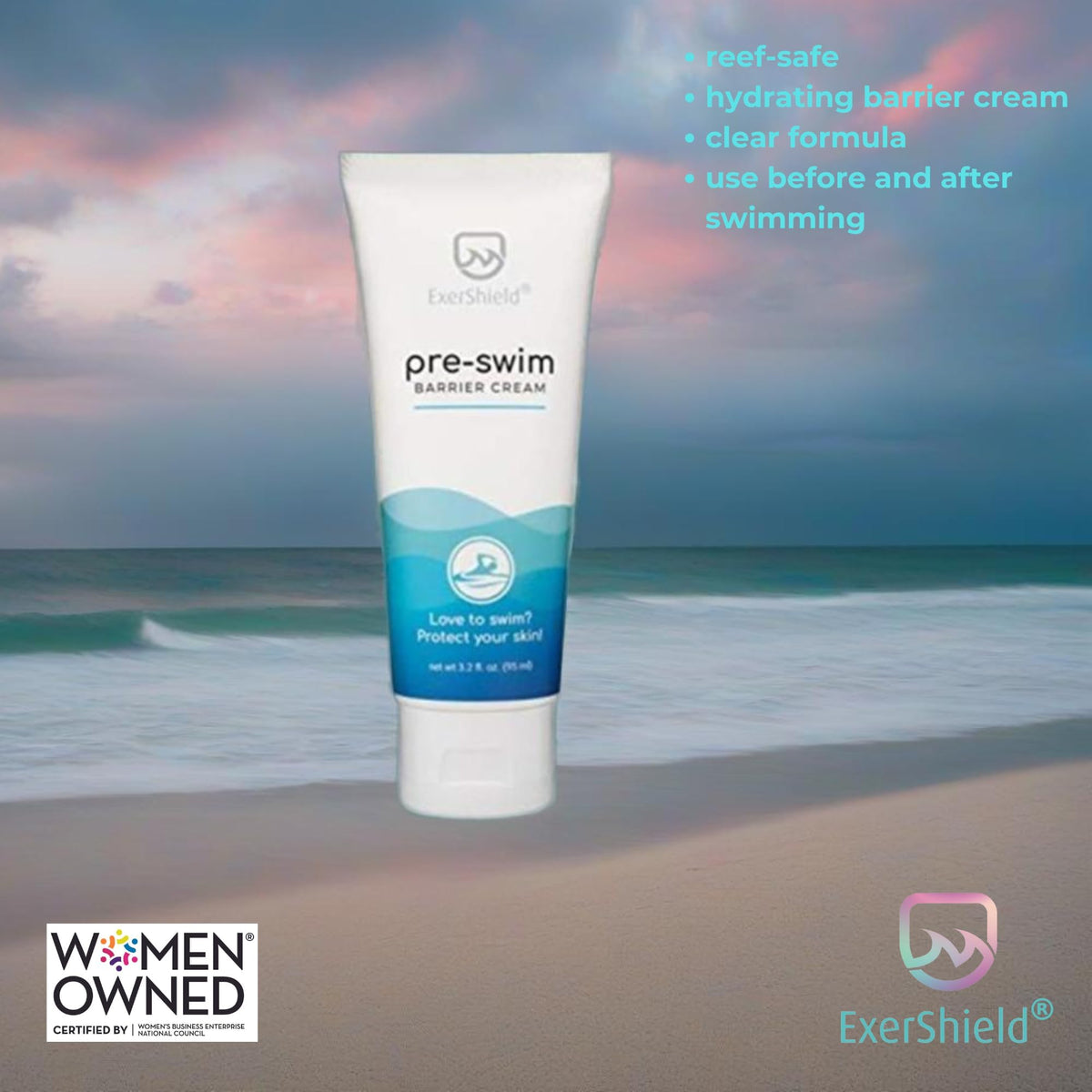 Exershield applied poolside demonstrating brand protecting skin before entering water