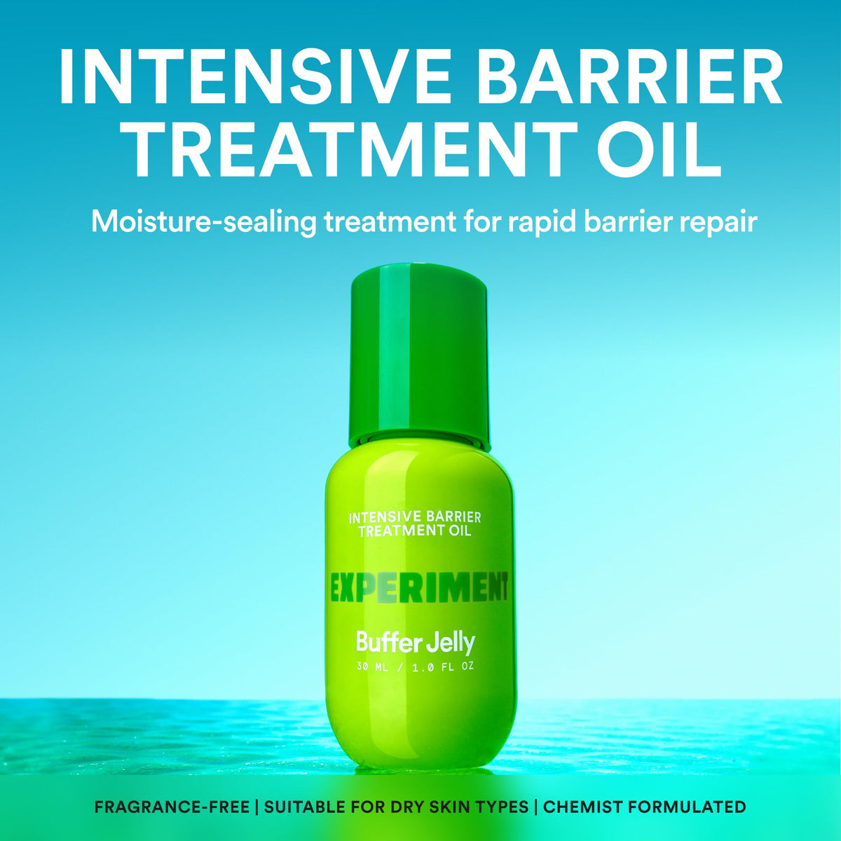 Experiment next to a ruler showing 1.0 fl oz scale and travel-friendly benefit