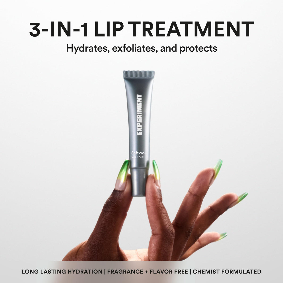 Experiment tube angled with cap off revealing balm tip and easy application