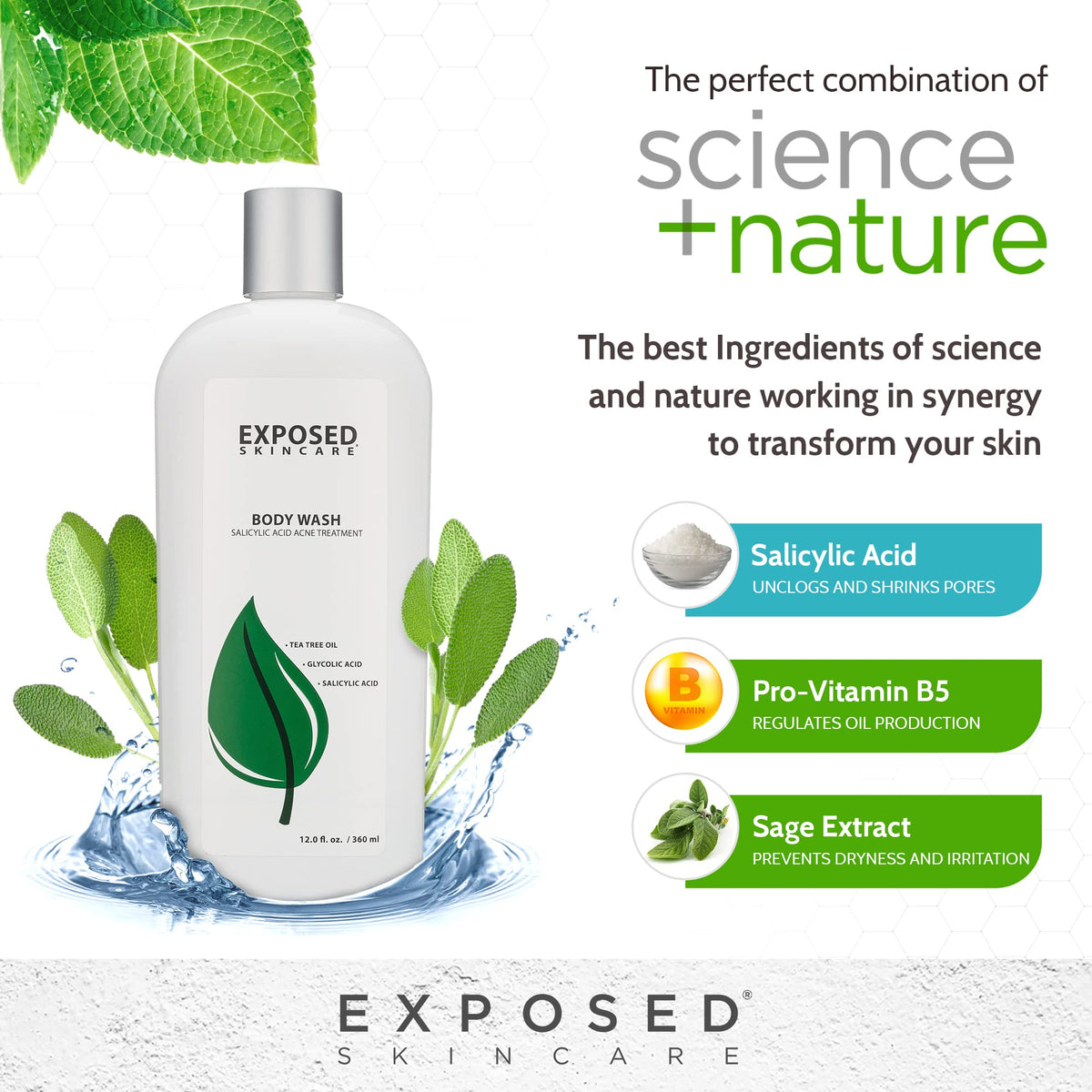 Exposed Skin Care bottle beside a ruler showing size and travel-friendly benefit
