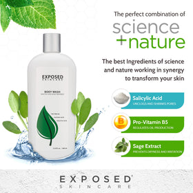 Exposed Skin Care bottle beside a ruler showing size and travel-friendly benefit