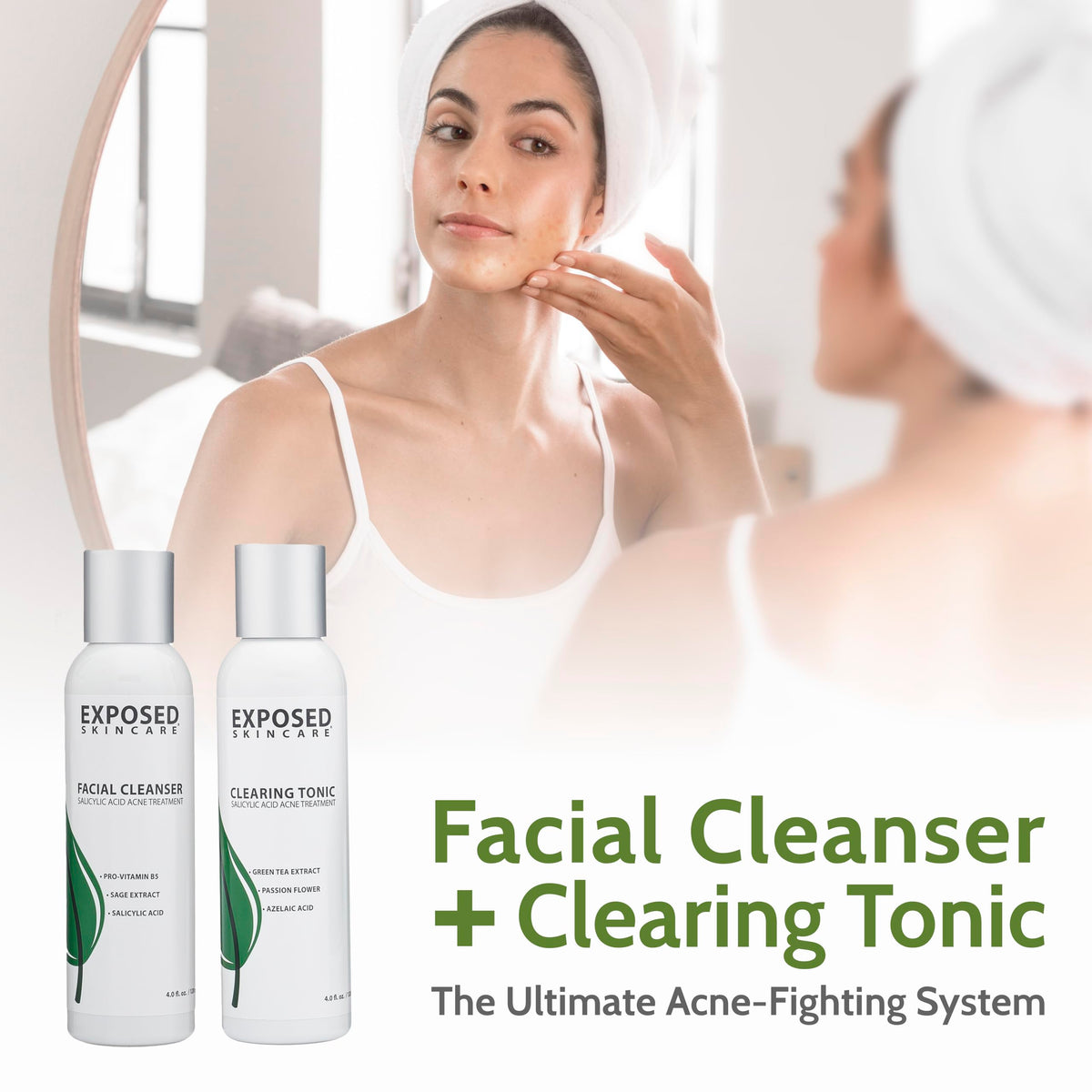 Exposed Skin Care on bathroom shelf lifestyle shot showing everyday routine setup