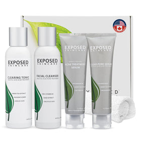 Exposed Skin Care kit front packaging showing full five-piece starter set benefits