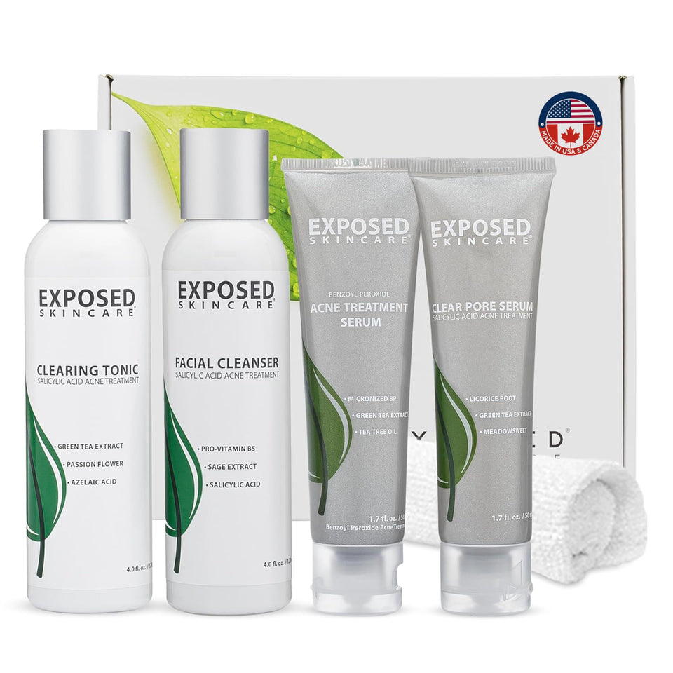 Exposed Skin Care kit front packaging showing full five-piece starter set benefits