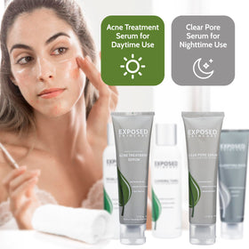 Exposed Skin Care cloth and products laid out indicating complete routine