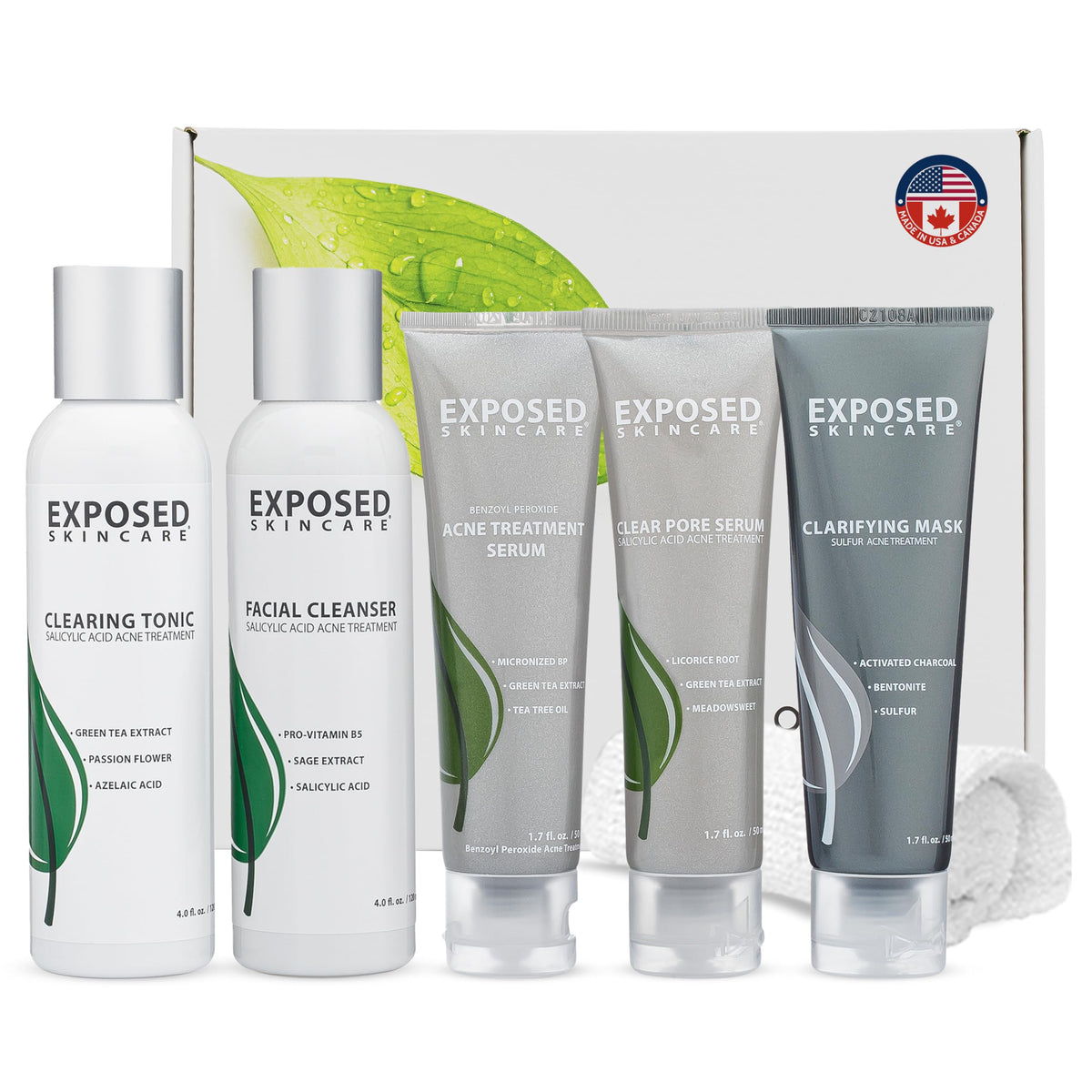 Exposed Skin Care kit front packaging shows full acne regimen and benefits
