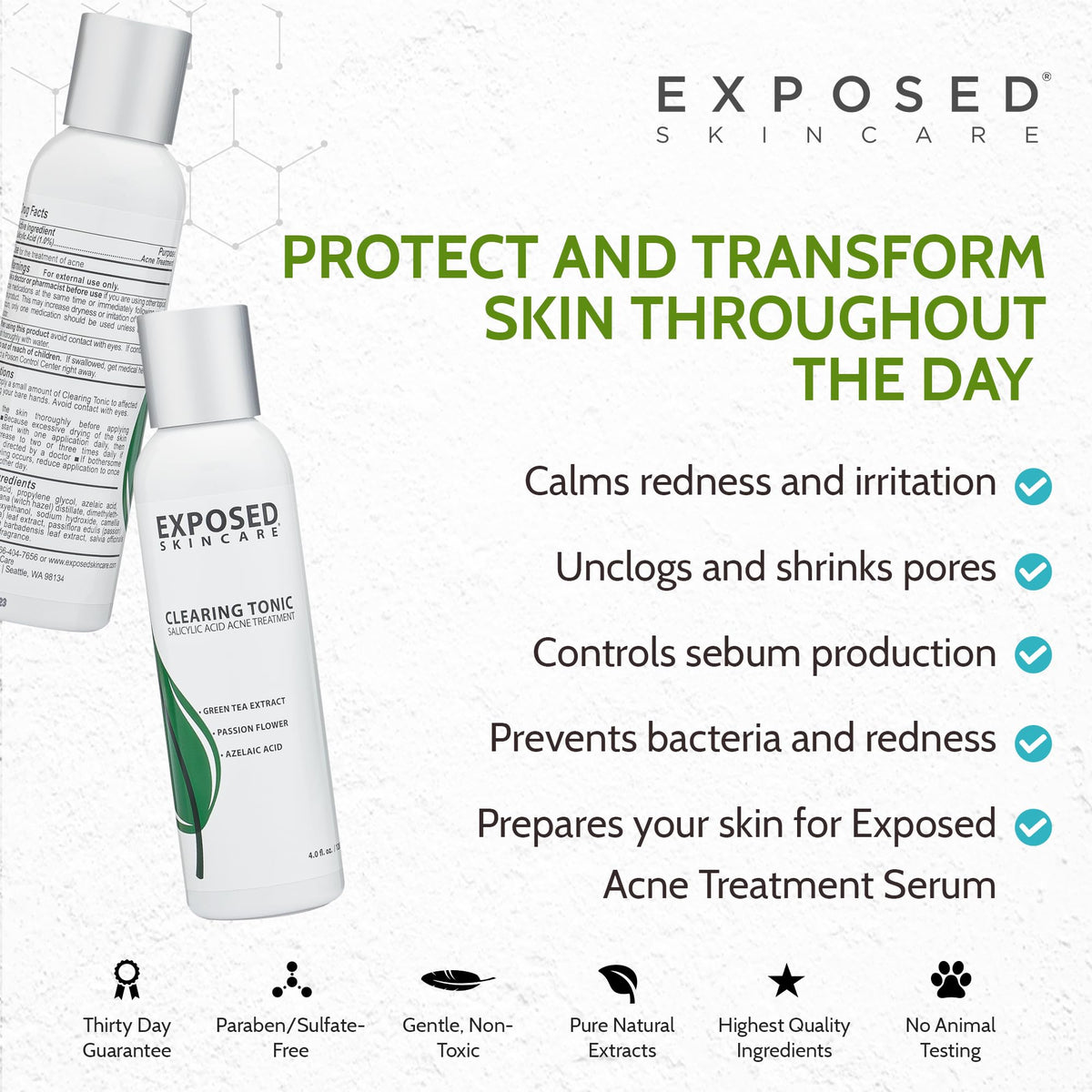 Exposed Skin Care bottle held in hand to show size and travel-friendly benefit