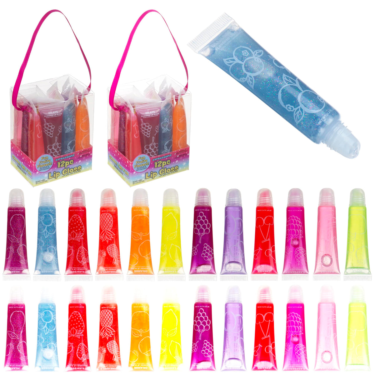 EXPRESSIONS front packaging showing 24 gloss tubes and pink ribbon handle for gifting convenience