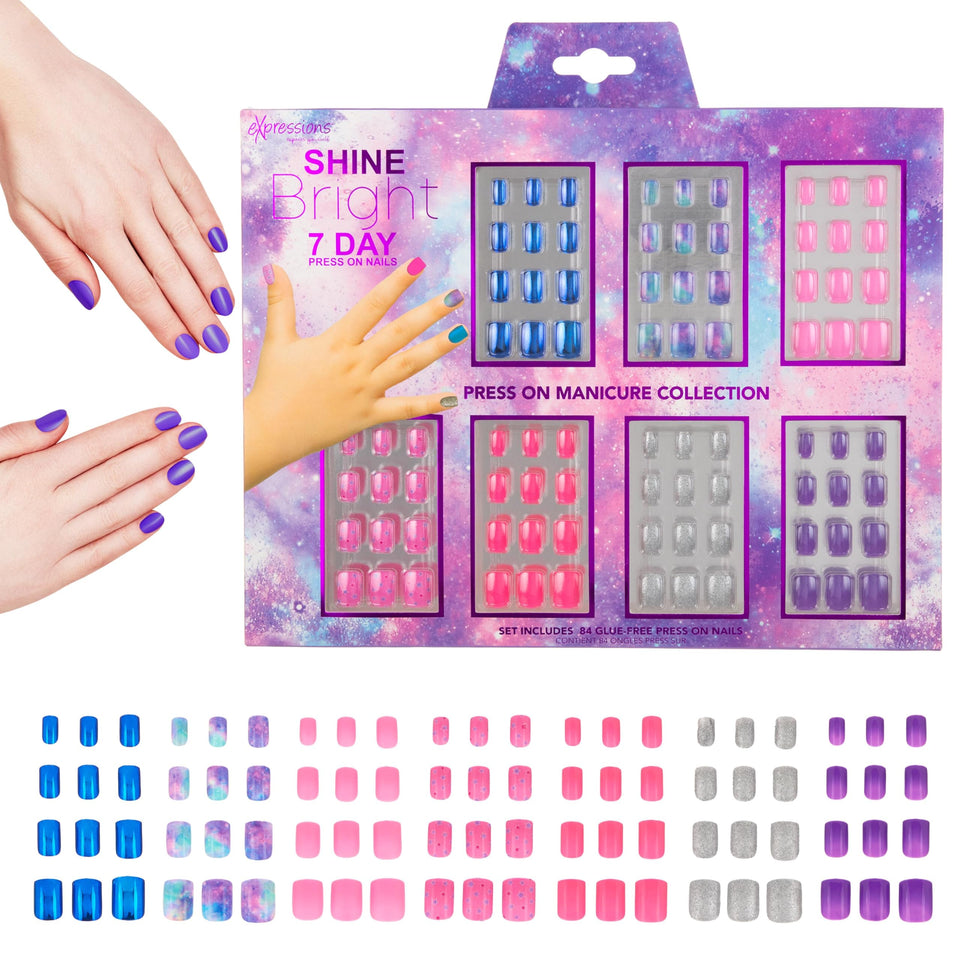 EXPRESSIONS front packaging showing colorful 7-day nail set and 84 pieces benefit variety