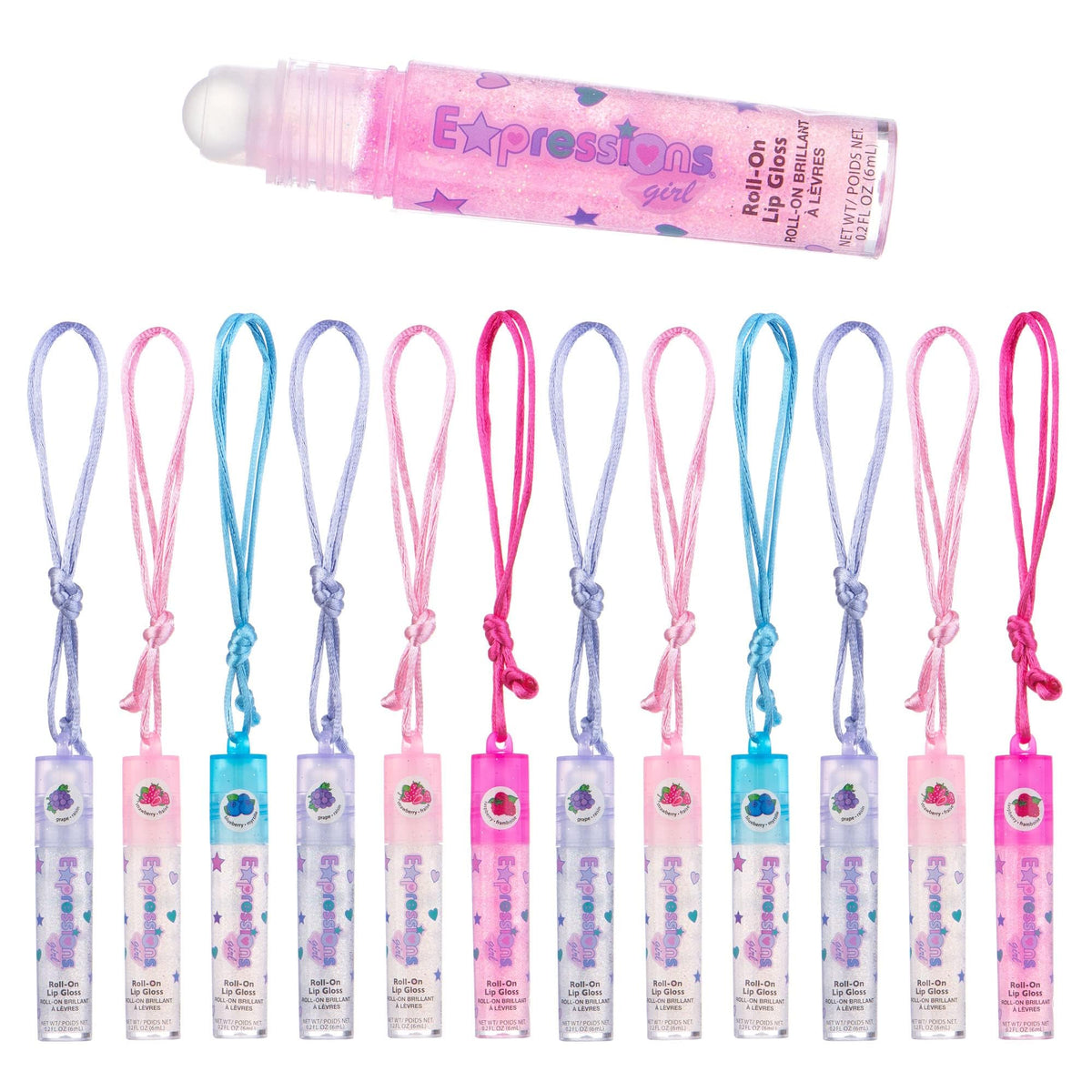 EXPRESSIONS front packaging showing 12 gloss necklaces and colorful fruits