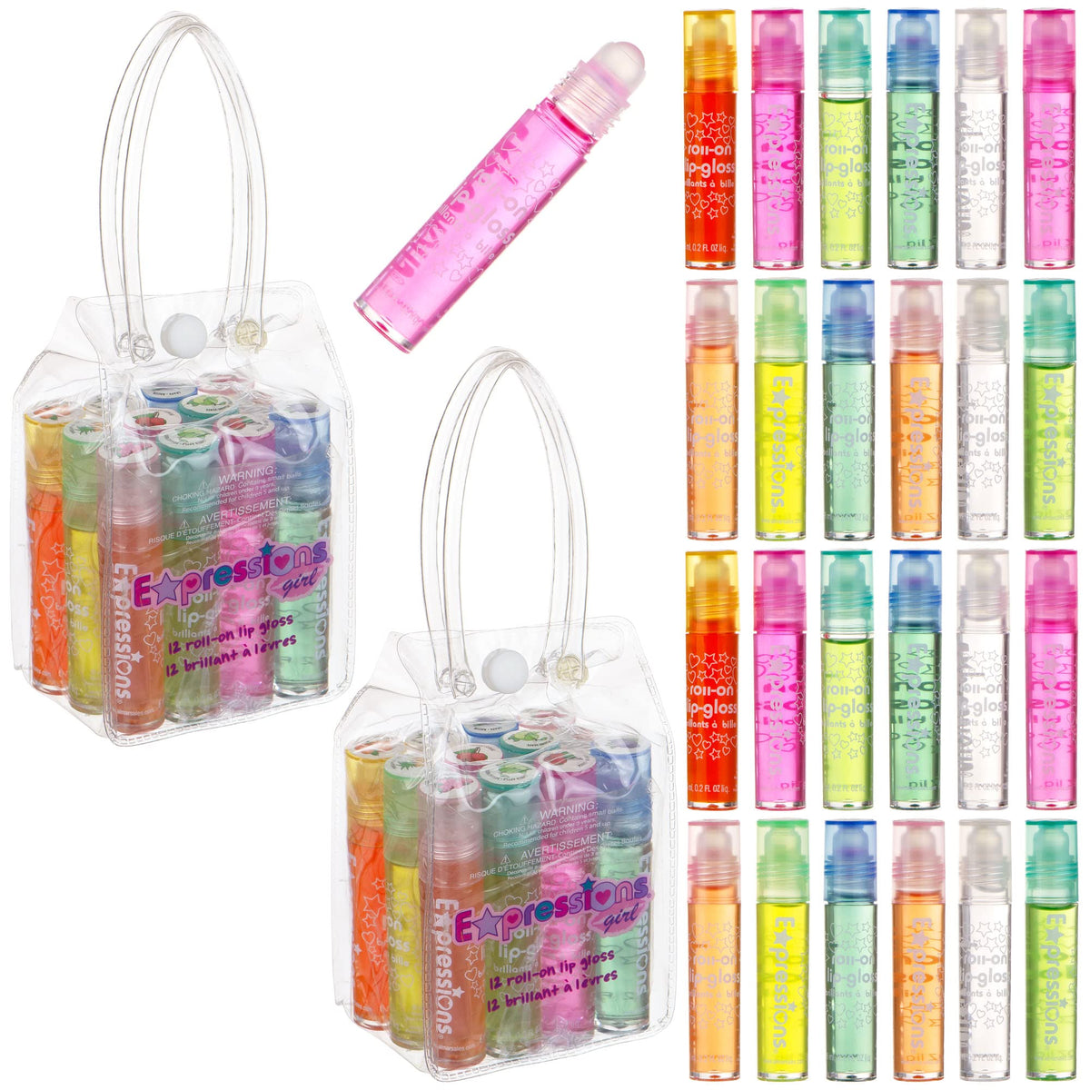 Expressions Girl carrying case open displaying organized rollerball lip glosses