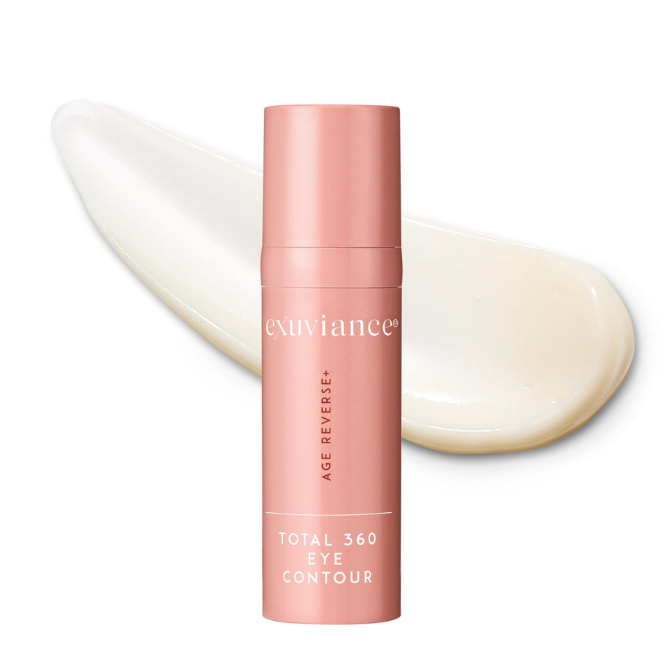 EXUVIANCE front packaging of AGE REVERSE+ eye contour shows product label and benefit