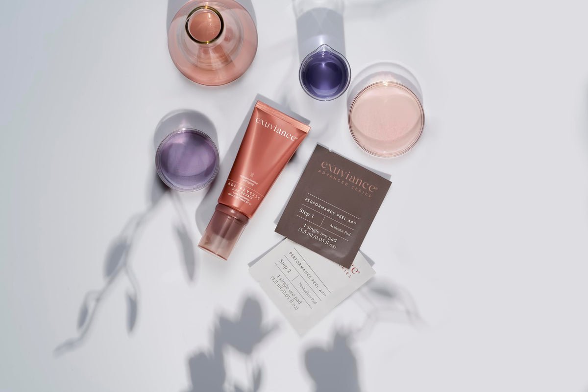 EXUVIANCE in bathroom morning routine setting illustrating everyday protective use