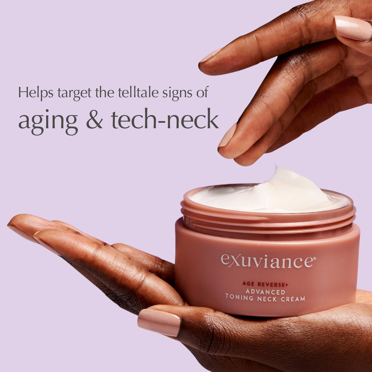 EXUVIANCE application on neck during morning routine showing easy layering benefit