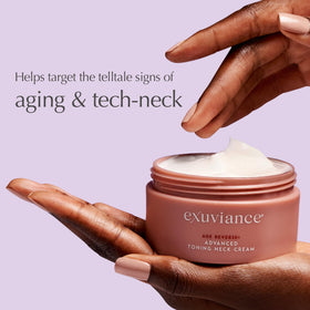 EXUVIANCE application on neck during morning routine showing easy layering benefit