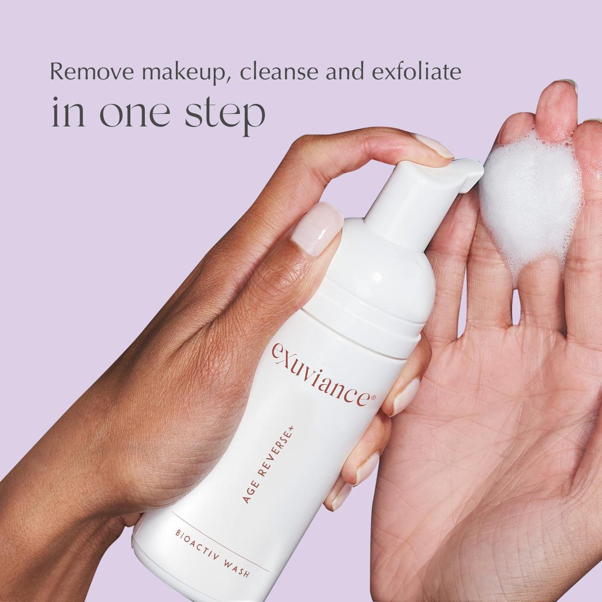 EXUVIANCE dispensing foam in hand illustrating easy application