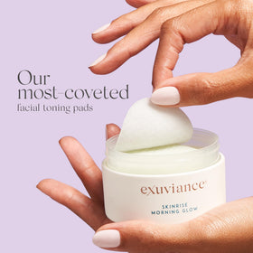 EXUVIANCE pad in hand showing size and simple single-swipe benefit