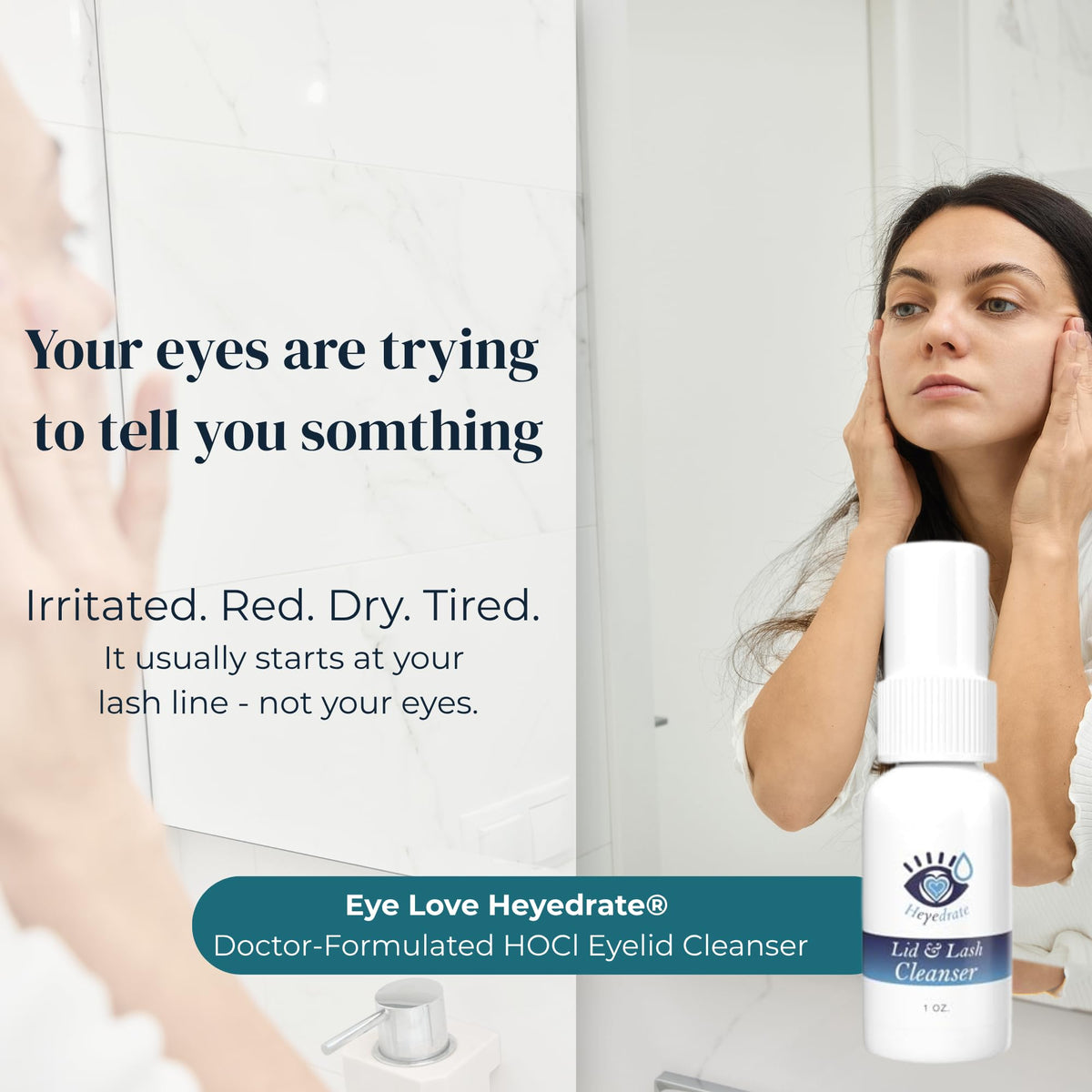 Eye Love spray nozzle closeup illustrating controlled pump and hygienic application benefit