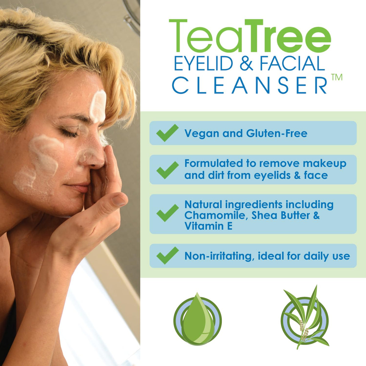 EYEECO bottle beside chamomile and shea butter ingredients showing natural soothing benefit