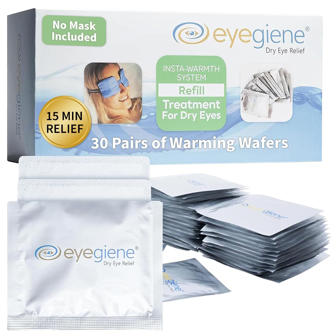 EyeGiene refill pack front view showing 30 pairs and benefits