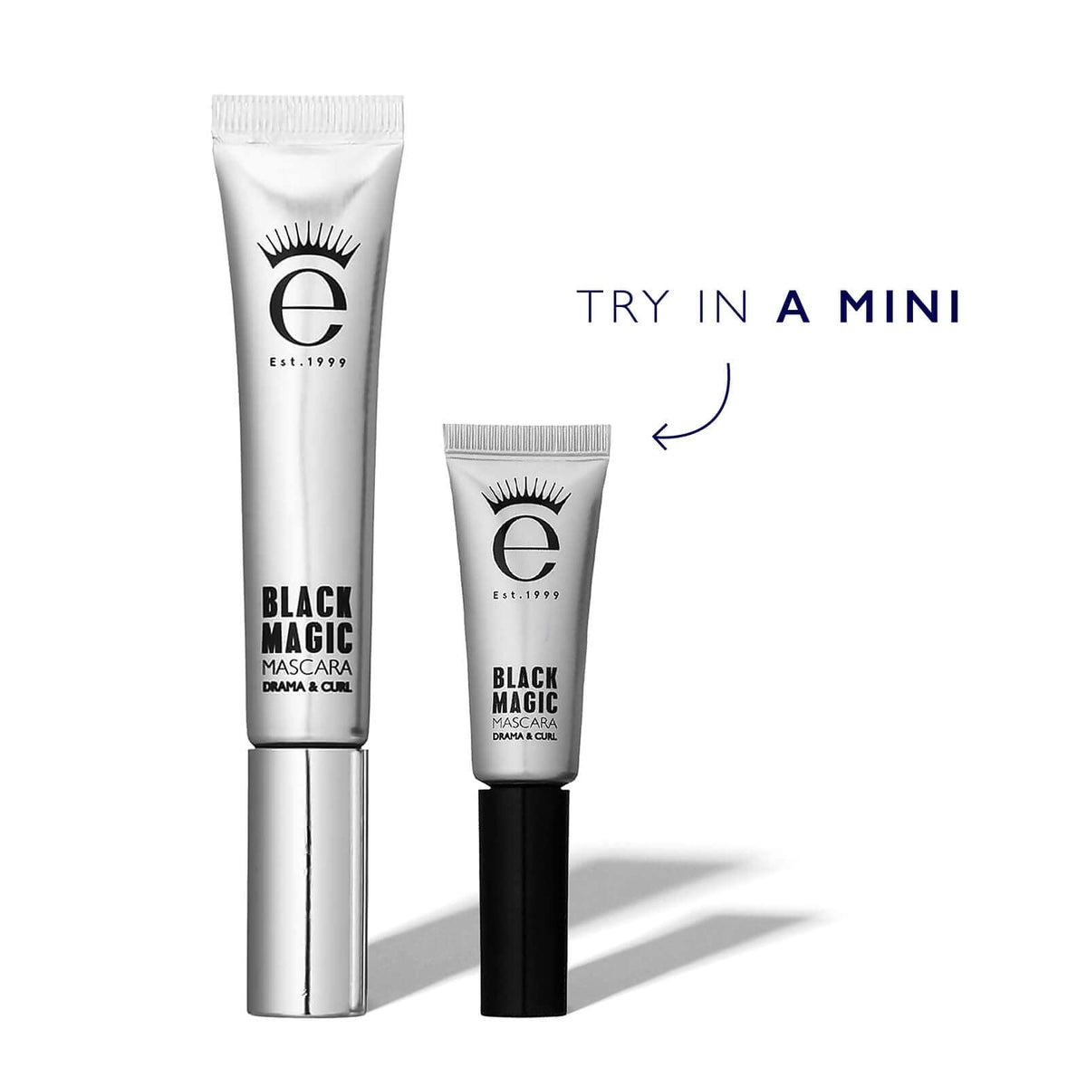 Eyeko model wearing mascara in evening look showing drama and curl benefit