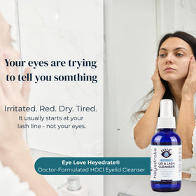 Eye Love glass pump bottle close-up highlighting easy application