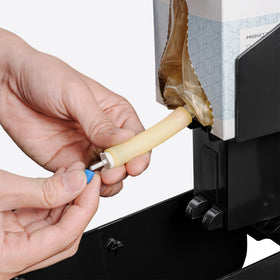 EZPULL EZbrnd close-up of bag spout and valve for easy, leak-free cartridge replacement