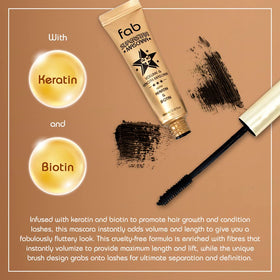 Fab Brows 10ml mascara next to ruler illustrating compact travel-friendly size benefit