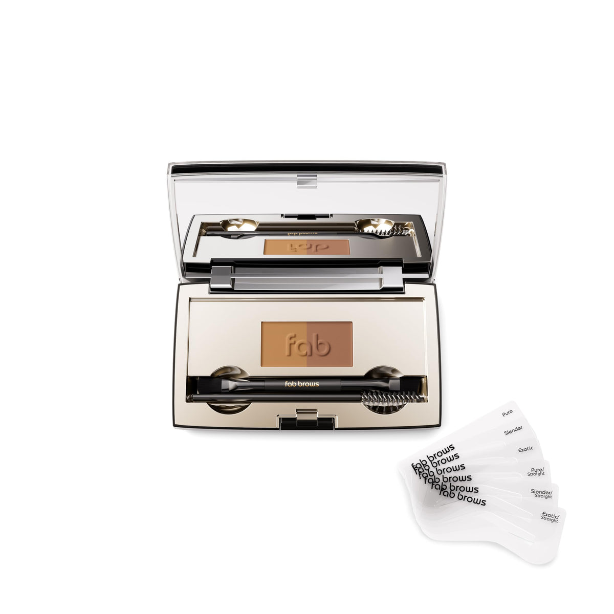 Fab Brows compact front packaging showing kit and travel-ready design benefit