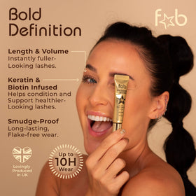 Fab Brows lifestyle model wearing mascara showing long-wearing bold lash benefit