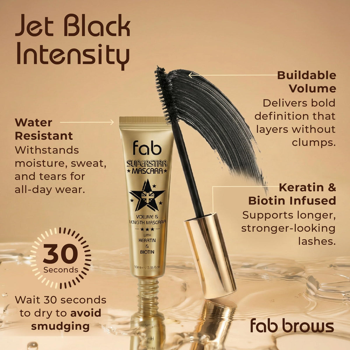 Fab Brows rich black mascara stroke showing smooth texture and intense pigment benefit