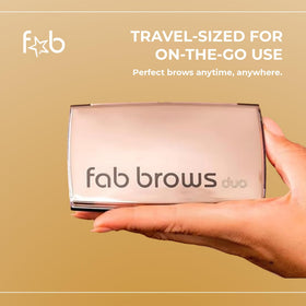 Fab Brows compact held in hand to show travel-friendly size and convenience
