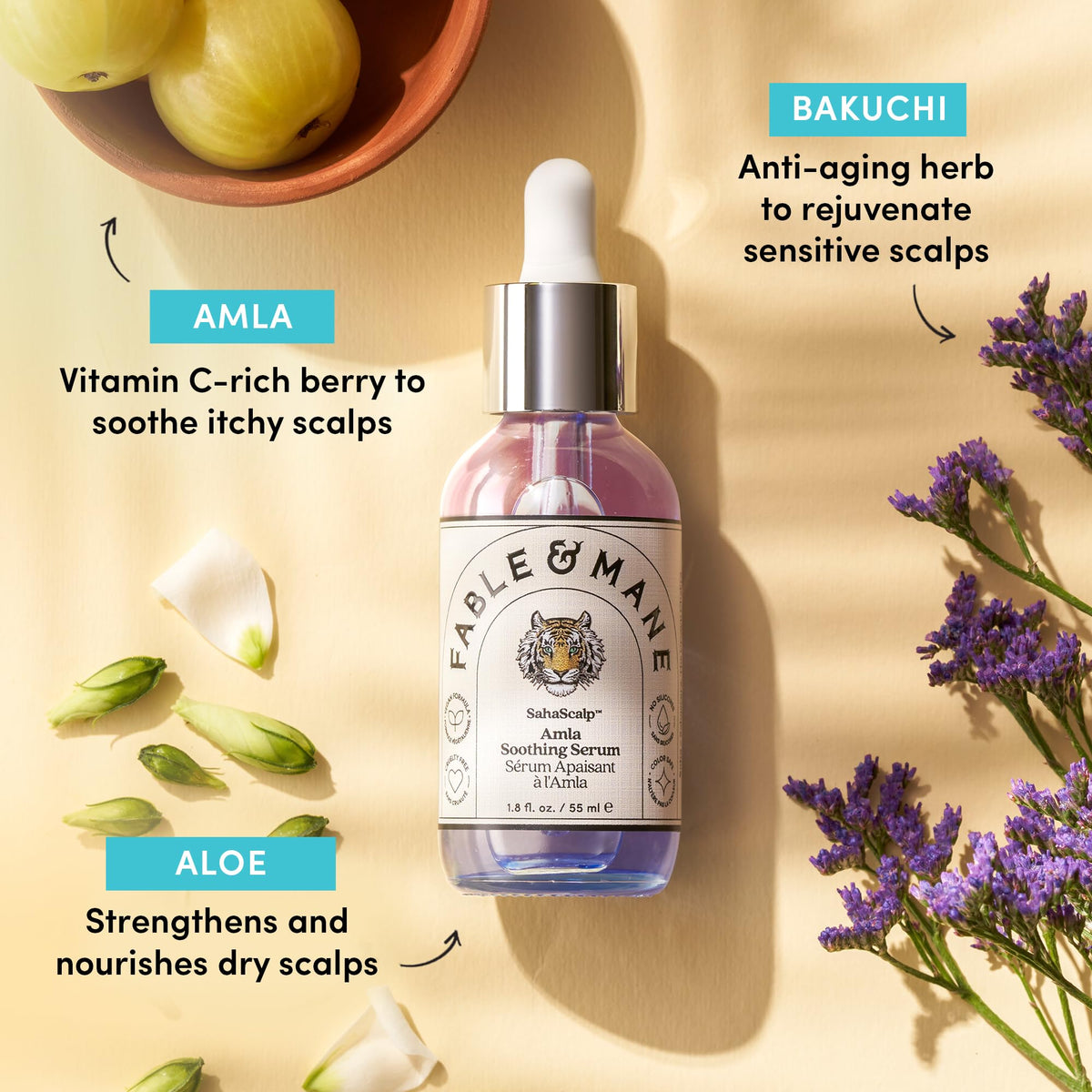 Fable & Mane ingredients flatlay with amla and rosemary illustrating natural botanicals