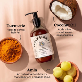 Fable & Mane label detail focusing on silicone-free, vegan benefits