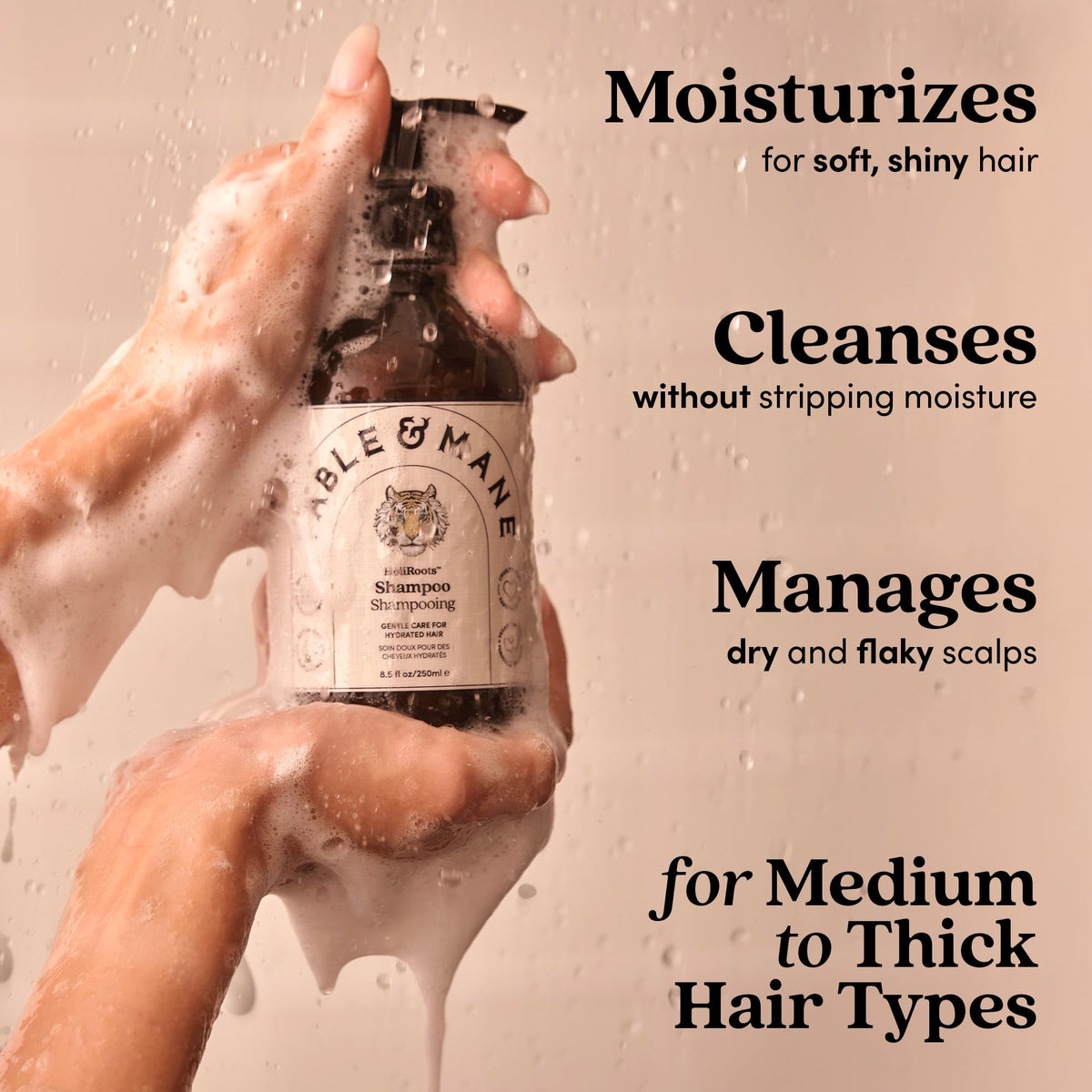 Fable & Mane shampoo pump dispensing product, demonstrates easy application