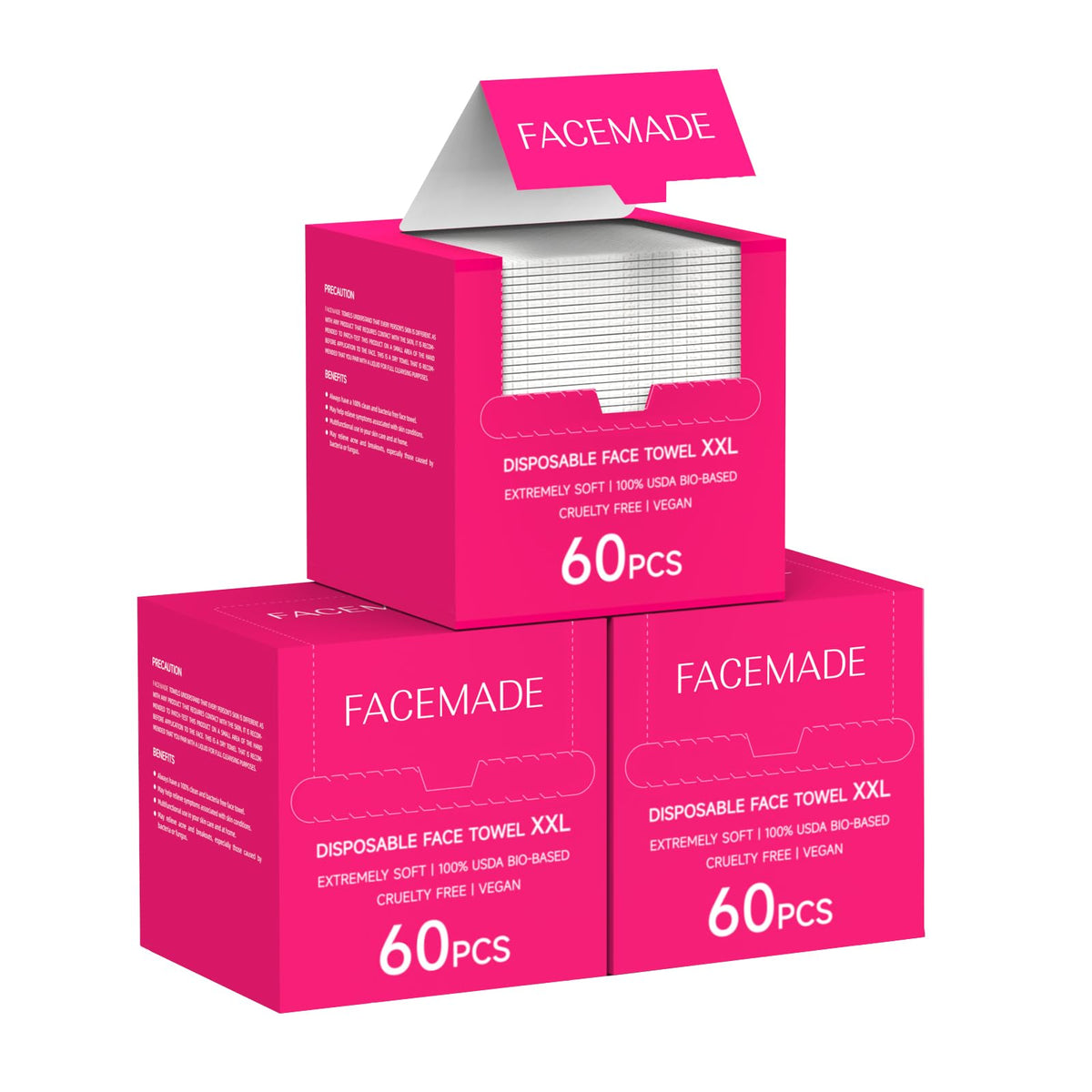 FACEMADE front packaging showing three-pack and count, highlights convenience