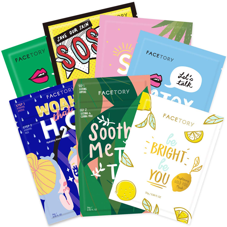 FACETORY pack front view showing seven sheet masks and benefits