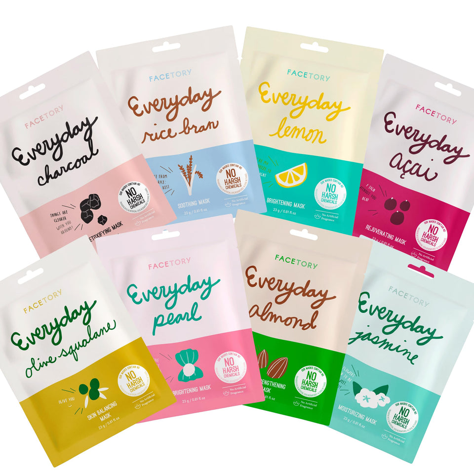 FACETORY front packaging showing eight masks and clear benefits for quick routine