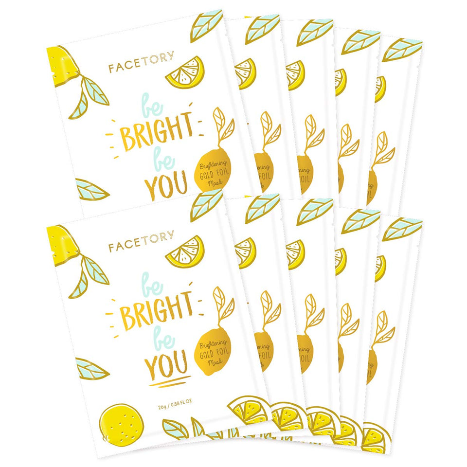 FACETORY front packaging showing 10 brightening gold sheet masks, ready to use