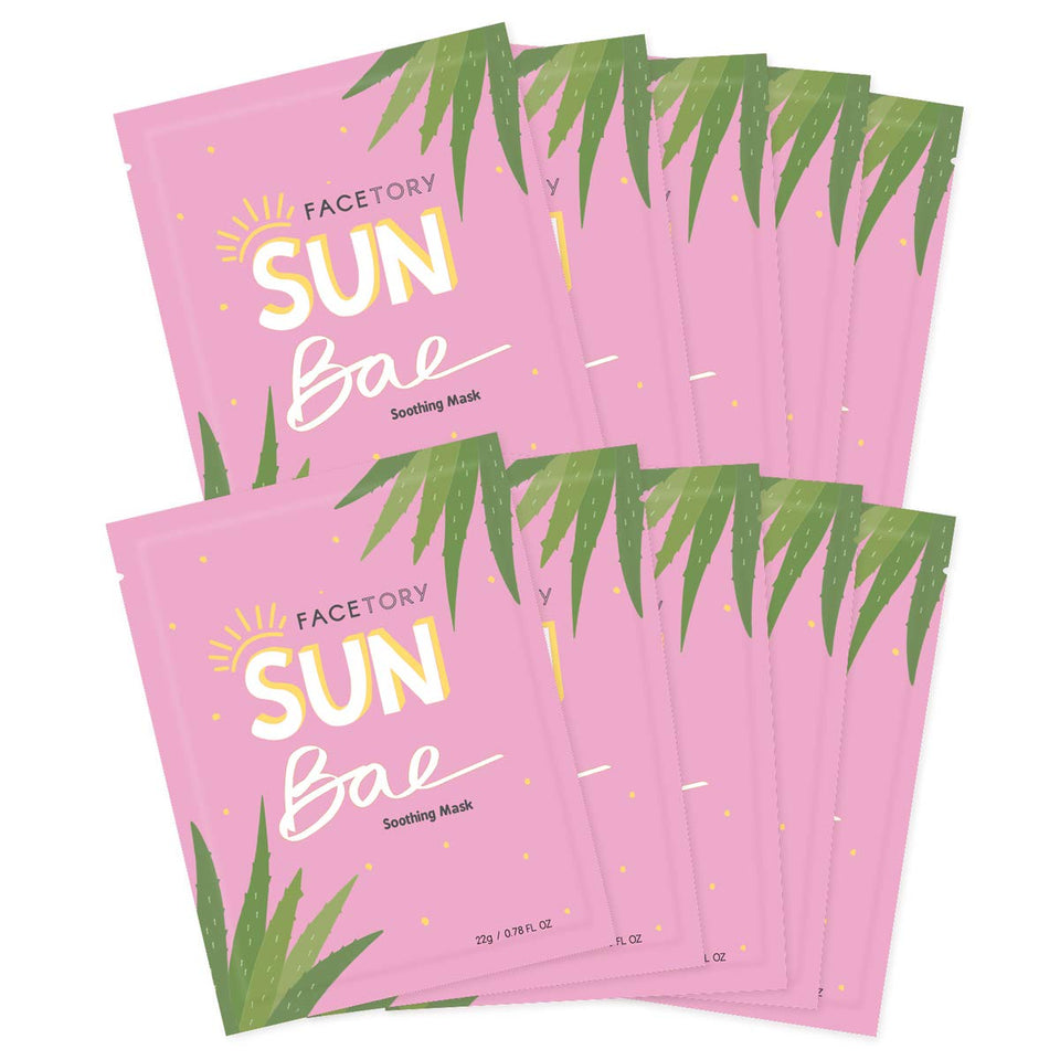 FACETORY front packaging of SUN BAE 10‑pack showing product branding and benefits