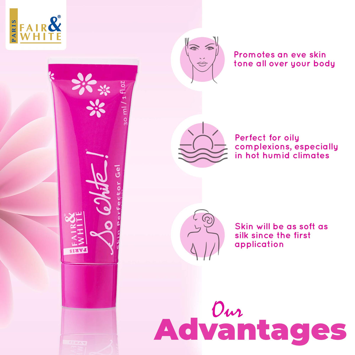 FAIR & WHITE 30ml next to sunscreen showing travel-friendly size