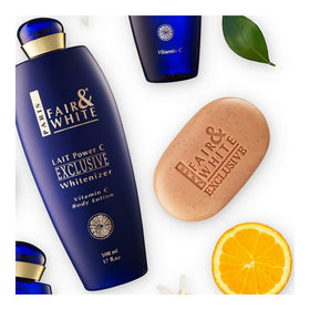 FAIR & WHITE bottle on bathroom shelf conveying daily-use convenience benefit