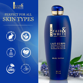 FAIR & WHITE close-up label revealing ingredient information and guidance