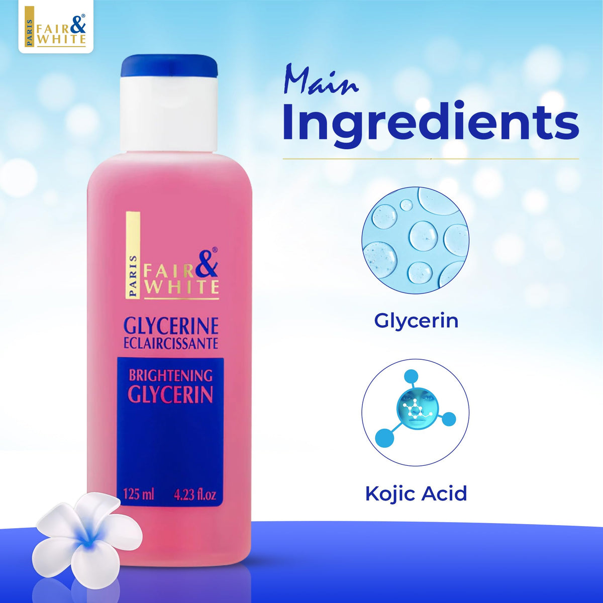Fair and White pouring glycerin close-up illustrating thin texture and easy dosing