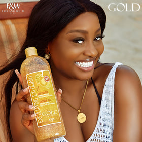 FAIR & WHITE bottle on bathroom shelf in styled setting benefit: elevates daily shower routine